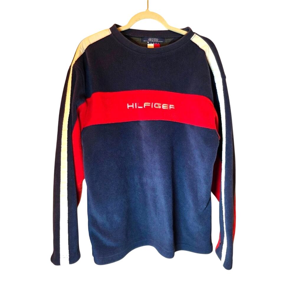 Vtg 90s Y2K Tommy Hilfiger Navy & Red Crewneck Fleece Sweater Embroidered Logo S